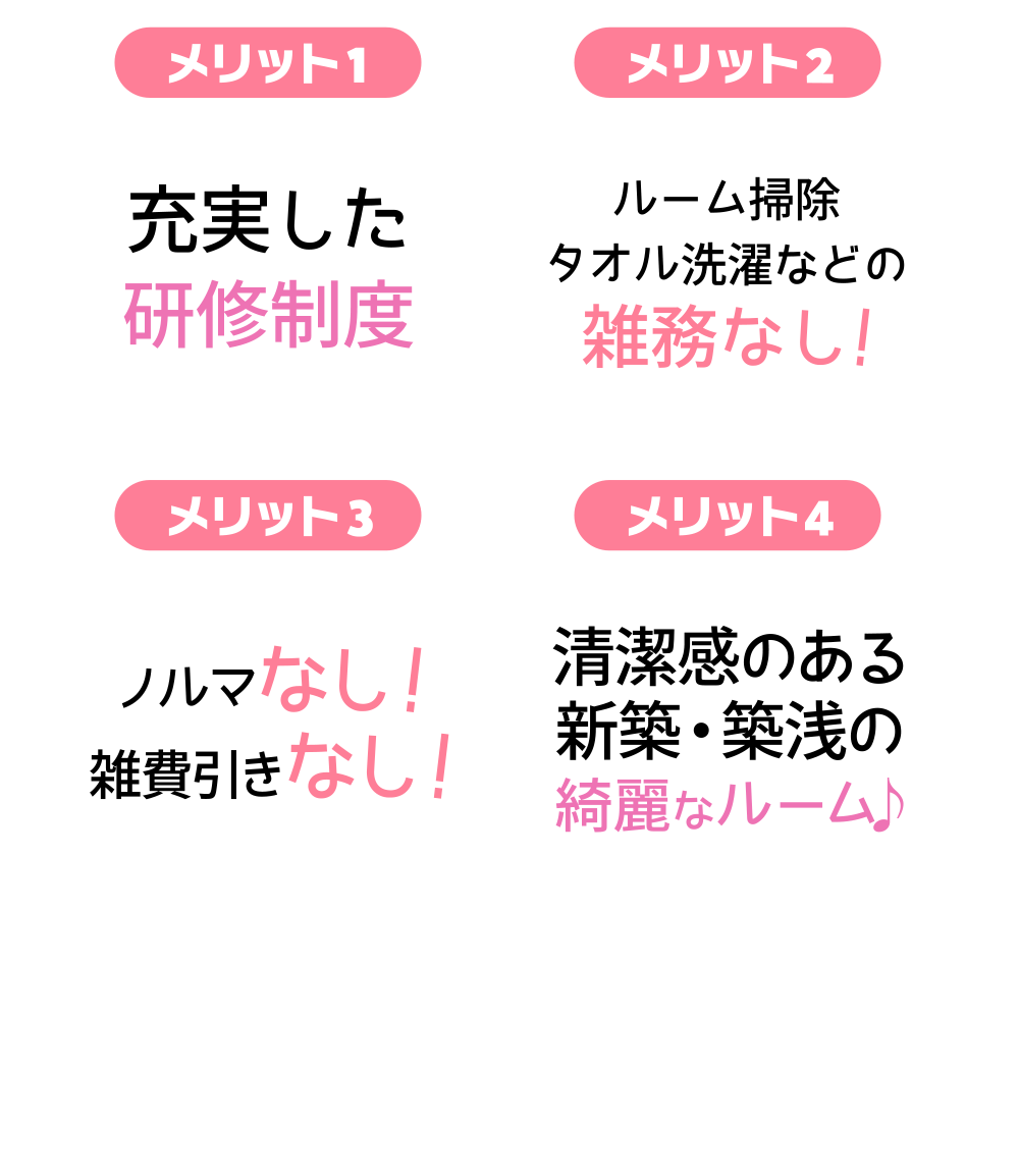 充実した研修制度 / 雑務なし / ノルマなし、雑費引きなし / 綺麗なルーム